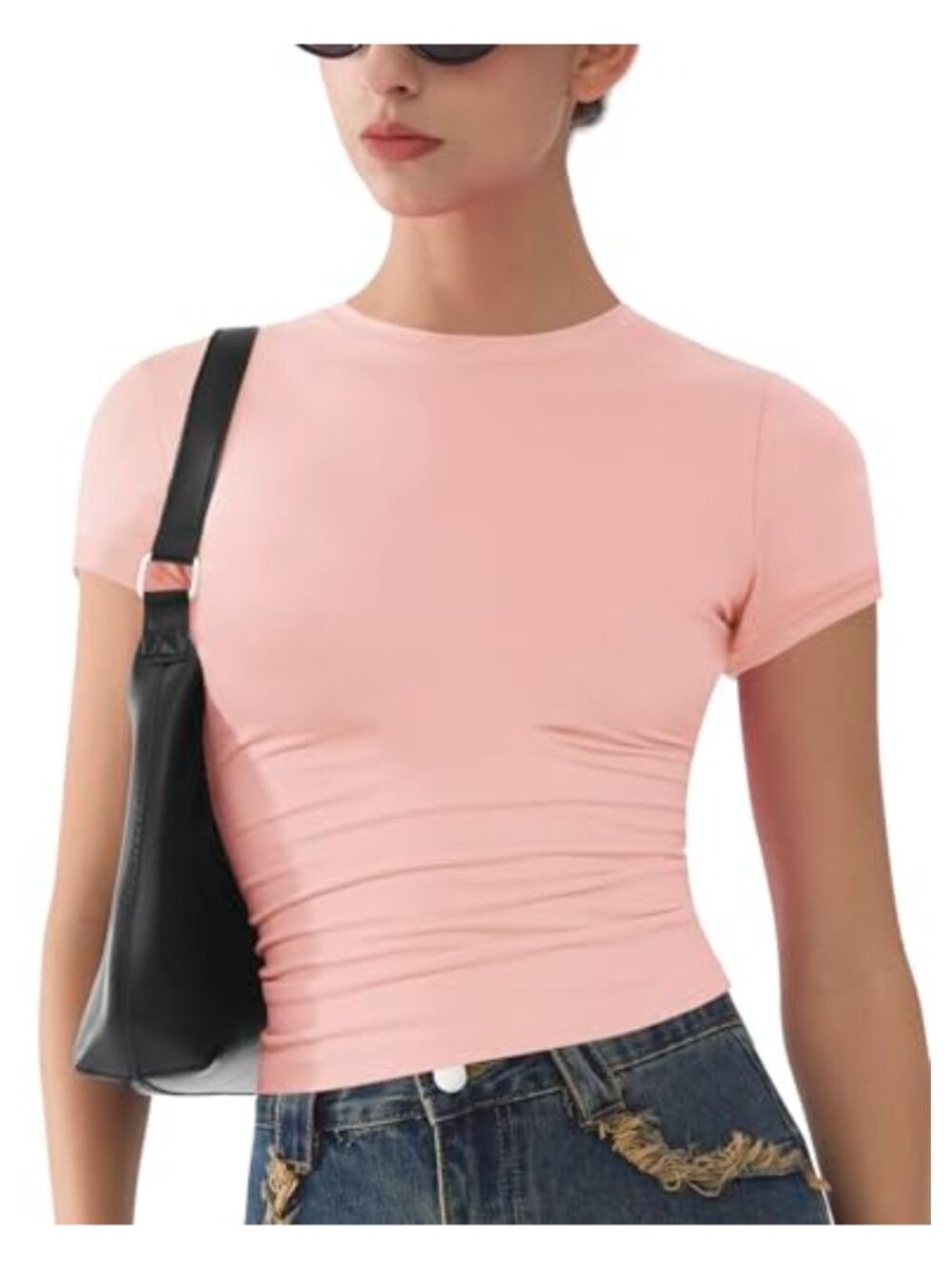 Womens Slim Fit Crewneck Crop T-Shirt Stretch Polyester Spandex Y2K Tee